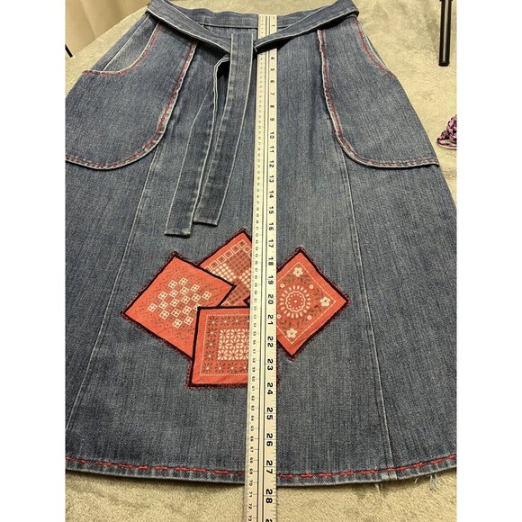 Vtg Handmade 70s Small Med blue Jean denim Wrap Skirt Pockets Bandana Patchwork - Picture 5 of 8